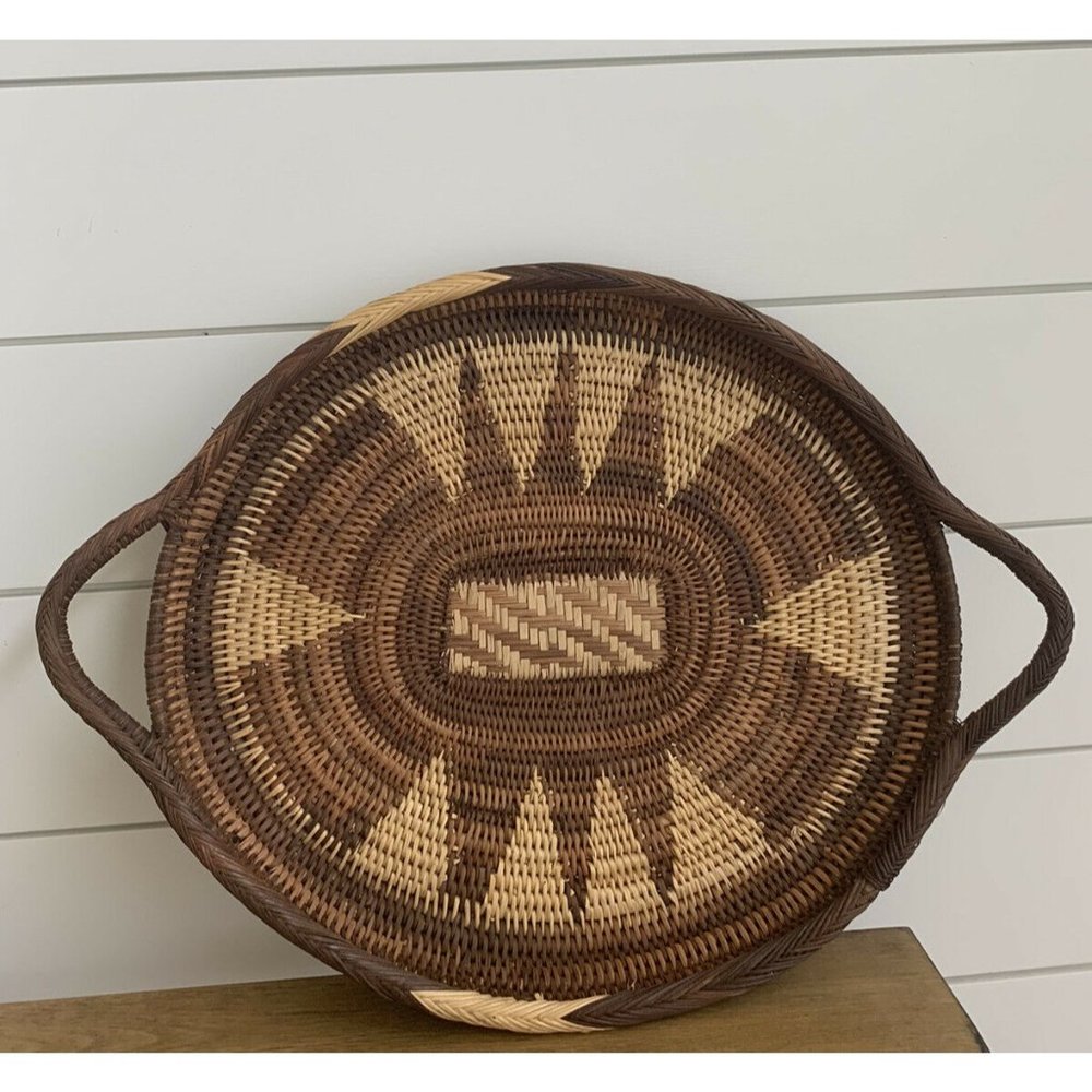 Boho Multi Wood Toned Woven Tribal Basket Tray or